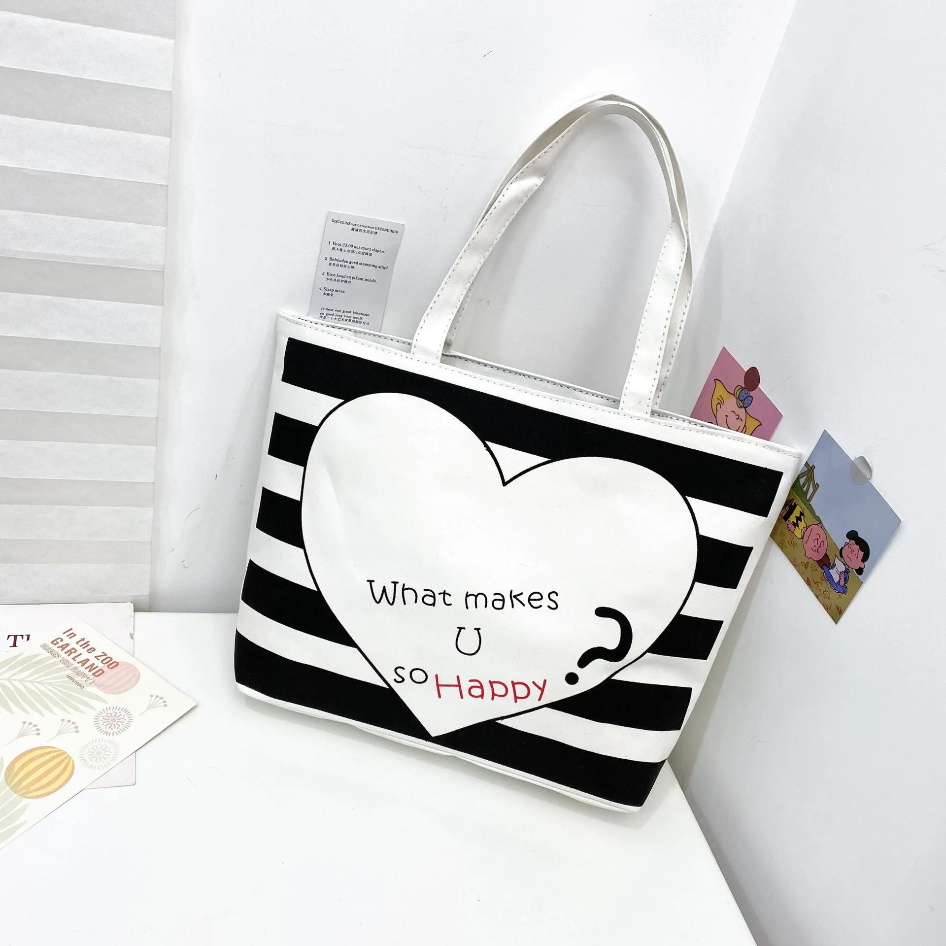 Women's Canvas Printed Simple Portable Large Capacity Shopping Bags