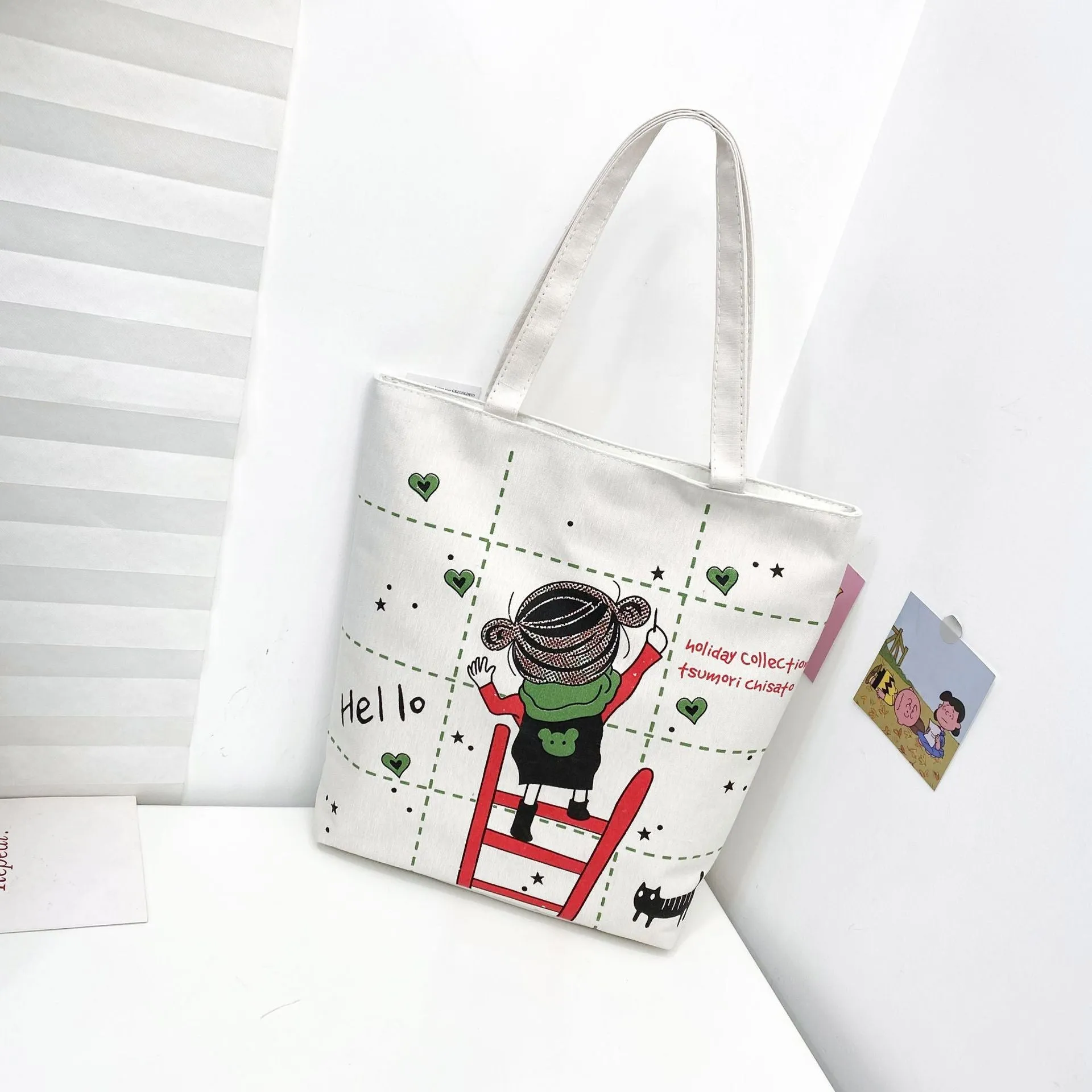 Women's Canvas Printed Simple Portable Large Capacity Shopping Bags