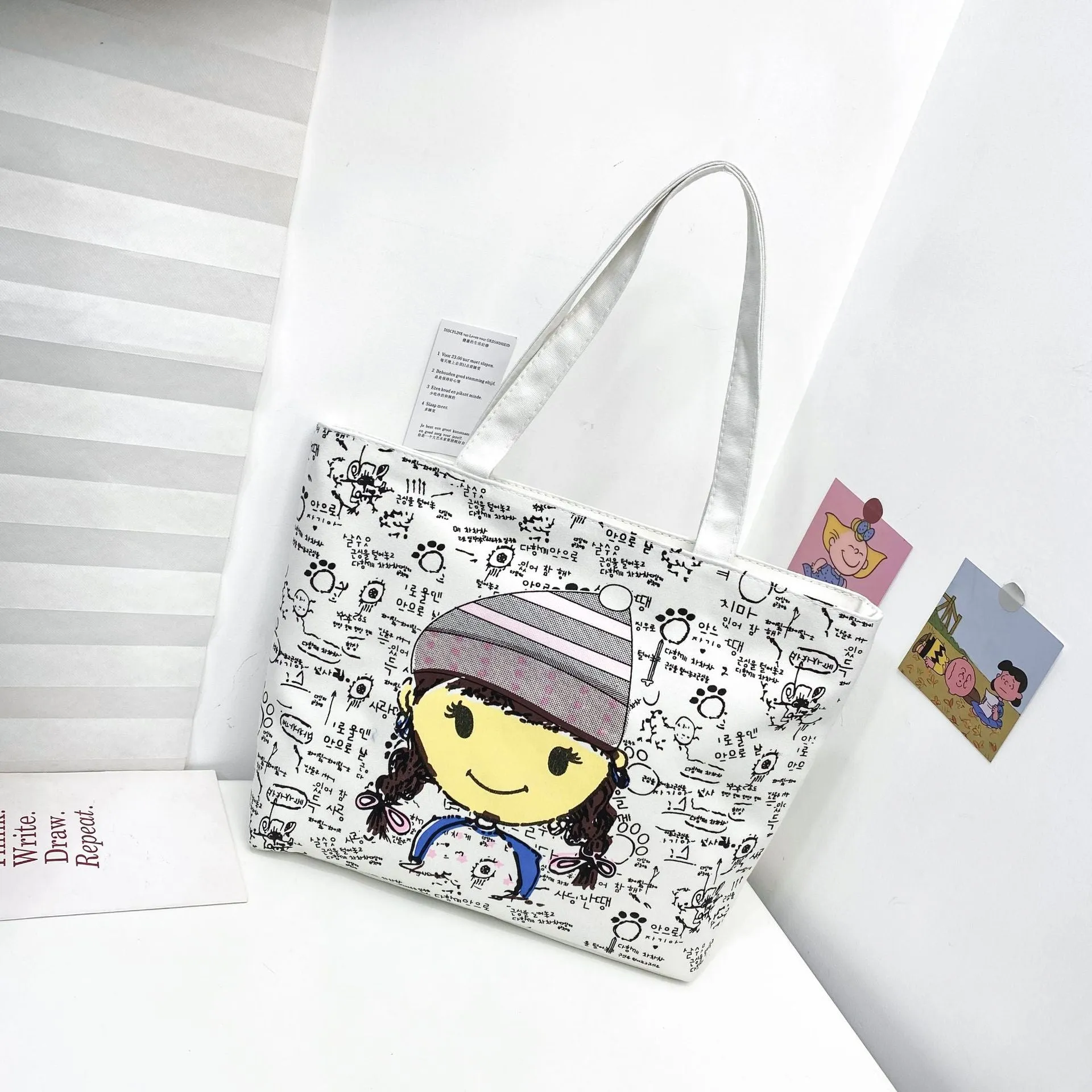 Women's Canvas Printed Simple Portable Large Capacity Shopping Bags