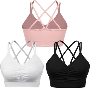 Women's Cross Back Sports Bra Padded Strappy Medium Support Yoga Bra for Workout Fitness 3 Pack