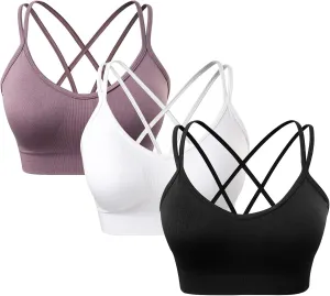 Women's Cross Back Sports Bra Padded Strappy Medium Support Yoga Bra for Workout Fitness 3 Pack