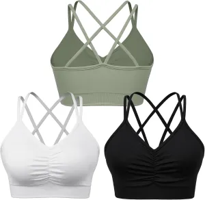 Women's Cross Back Sports Bra Padded Strappy Medium Support Yoga Bra for Workout Fitness 3 Pack