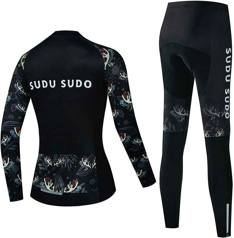 Women's Cycling Clothing Set Long Sleeve Road Bike Shirt Cycling Jersey Bicycle Pants with Gel Padded