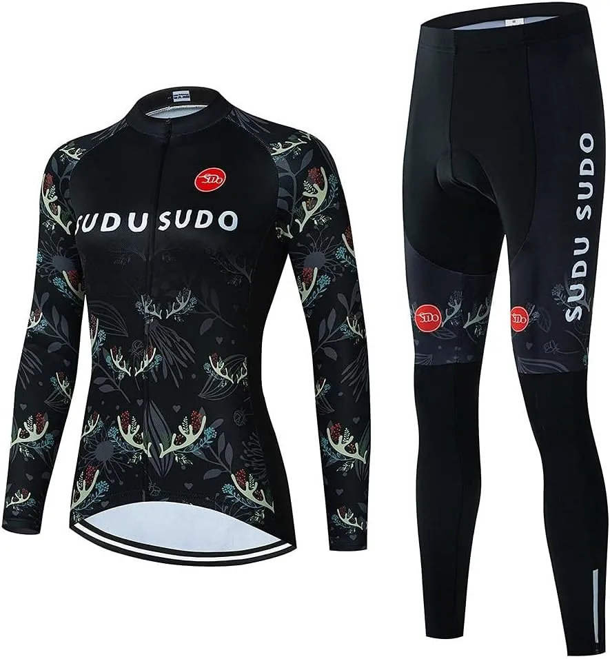 Women's Cycling Clothing Set Long Sleeve Road Bike Shirt Cycling Jersey Bicycle Pants with Gel Padded