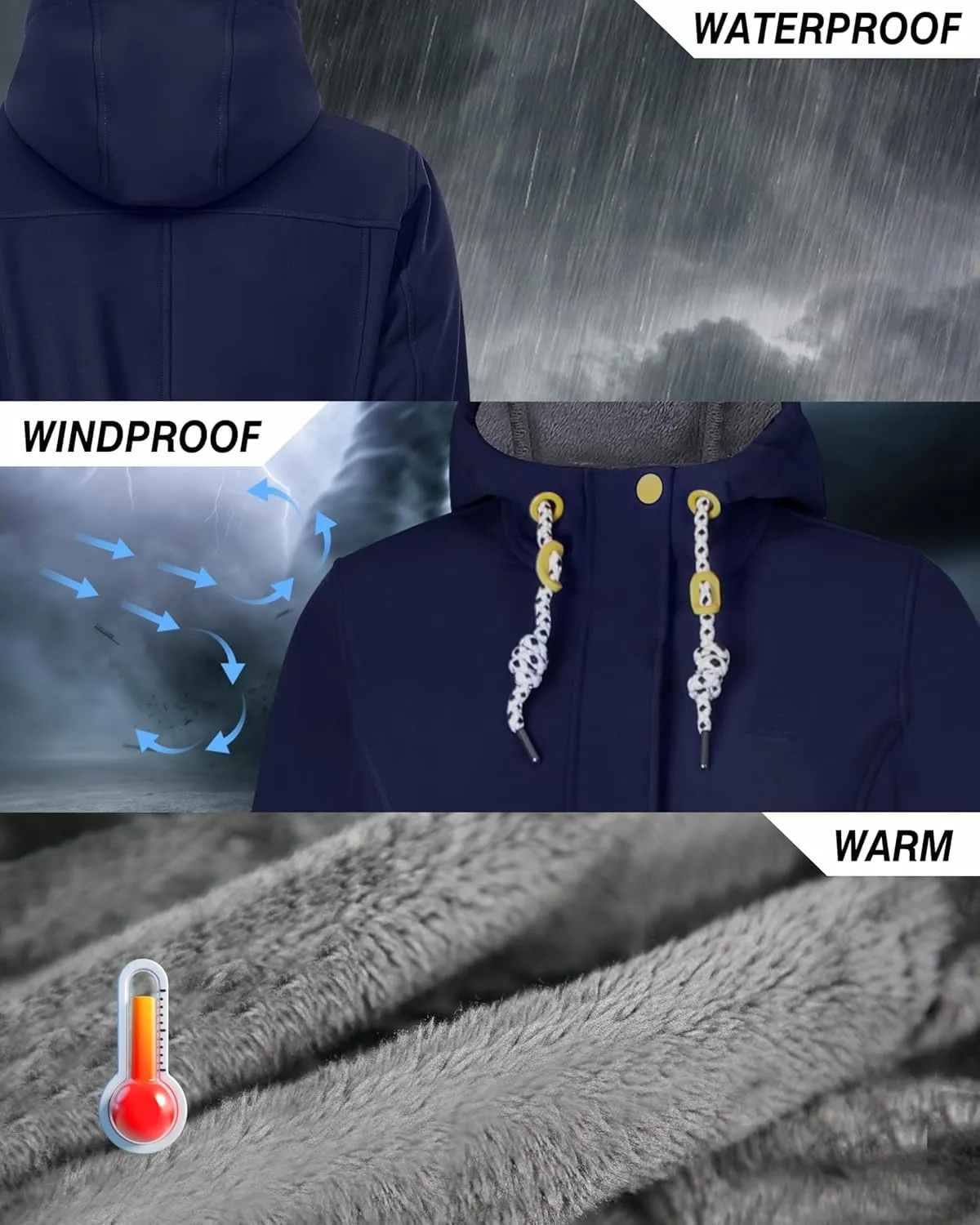 Women's Fleece Jacket Long Soft Shell Insulated Warm Winter Coat Waterproof Windbreaker Hood Parka