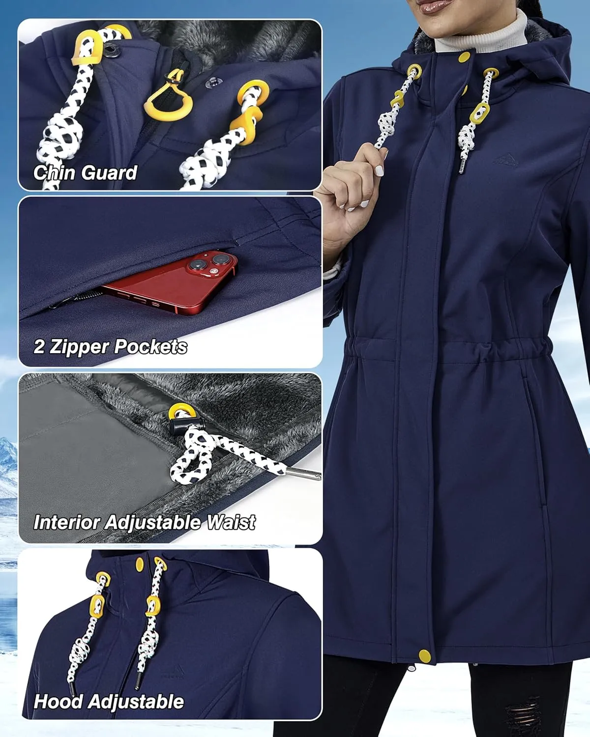 Women's Fleece Jacket Long Soft Shell Insulated Warm Winter Coat Waterproof Windbreaker Hood Parka
