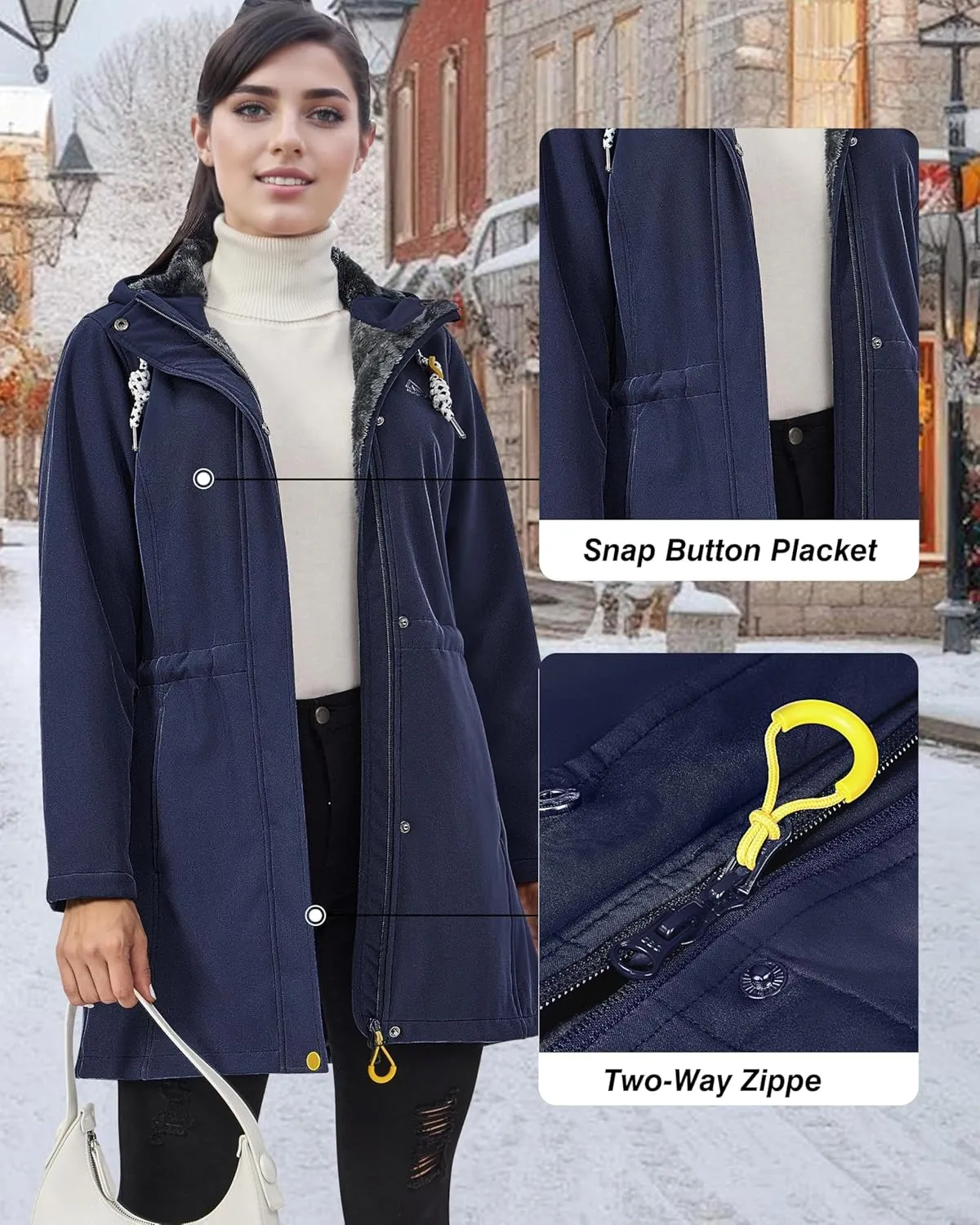 Women's Fleece Jacket Long Soft Shell Insulated Warm Winter Coat Waterproof Windbreaker Hood Parka