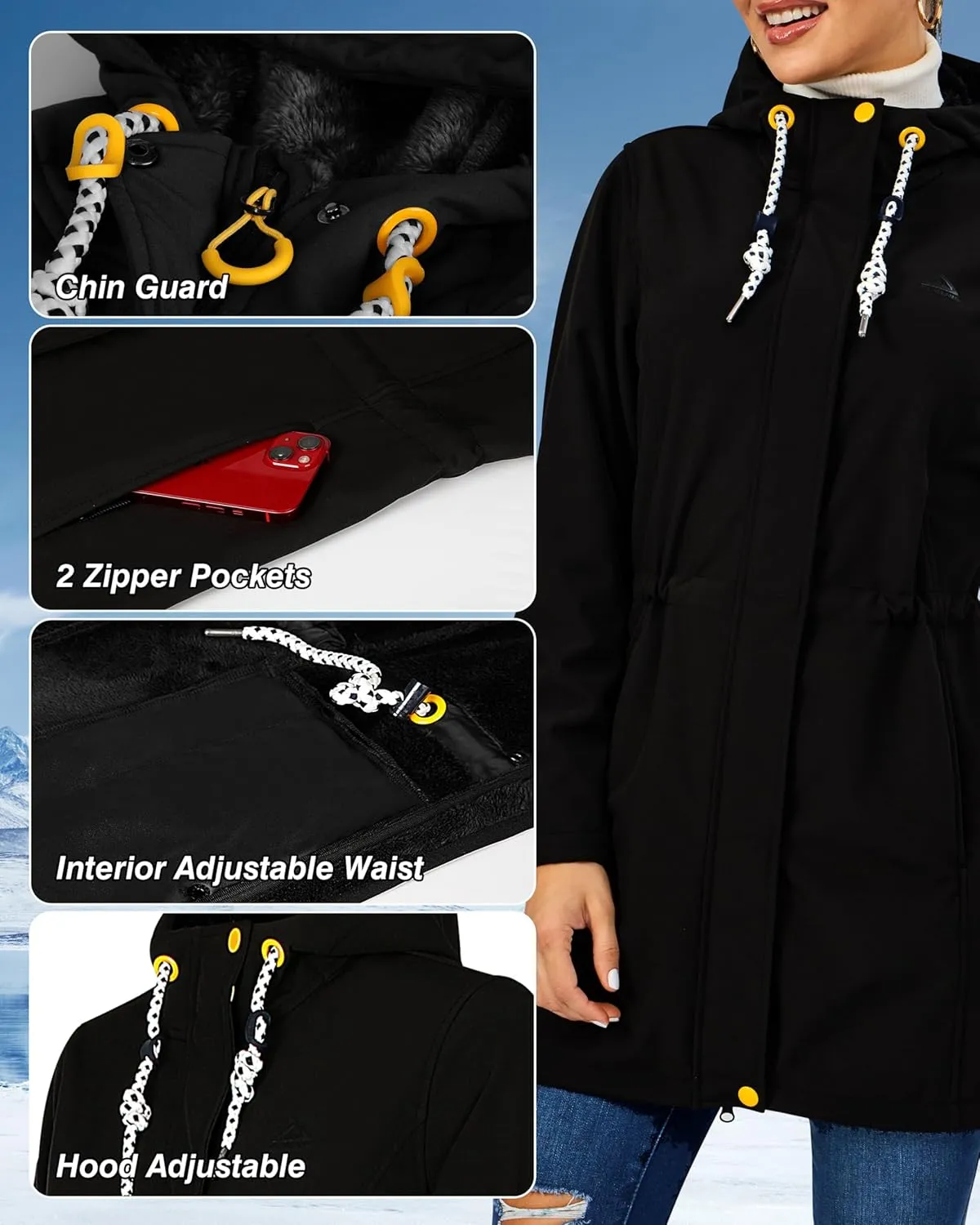 Women's Fleece Jacket Long Soft Shell Insulated Warm Winter Coat Waterproof Windbreaker Hood Parka