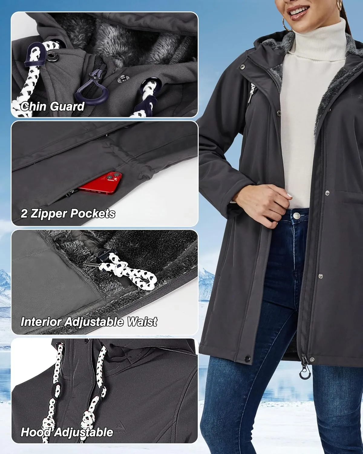 Women's Fleece Jacket Long Soft Shell Insulated Warm Winter Coat Waterproof Windbreaker Hood Parka