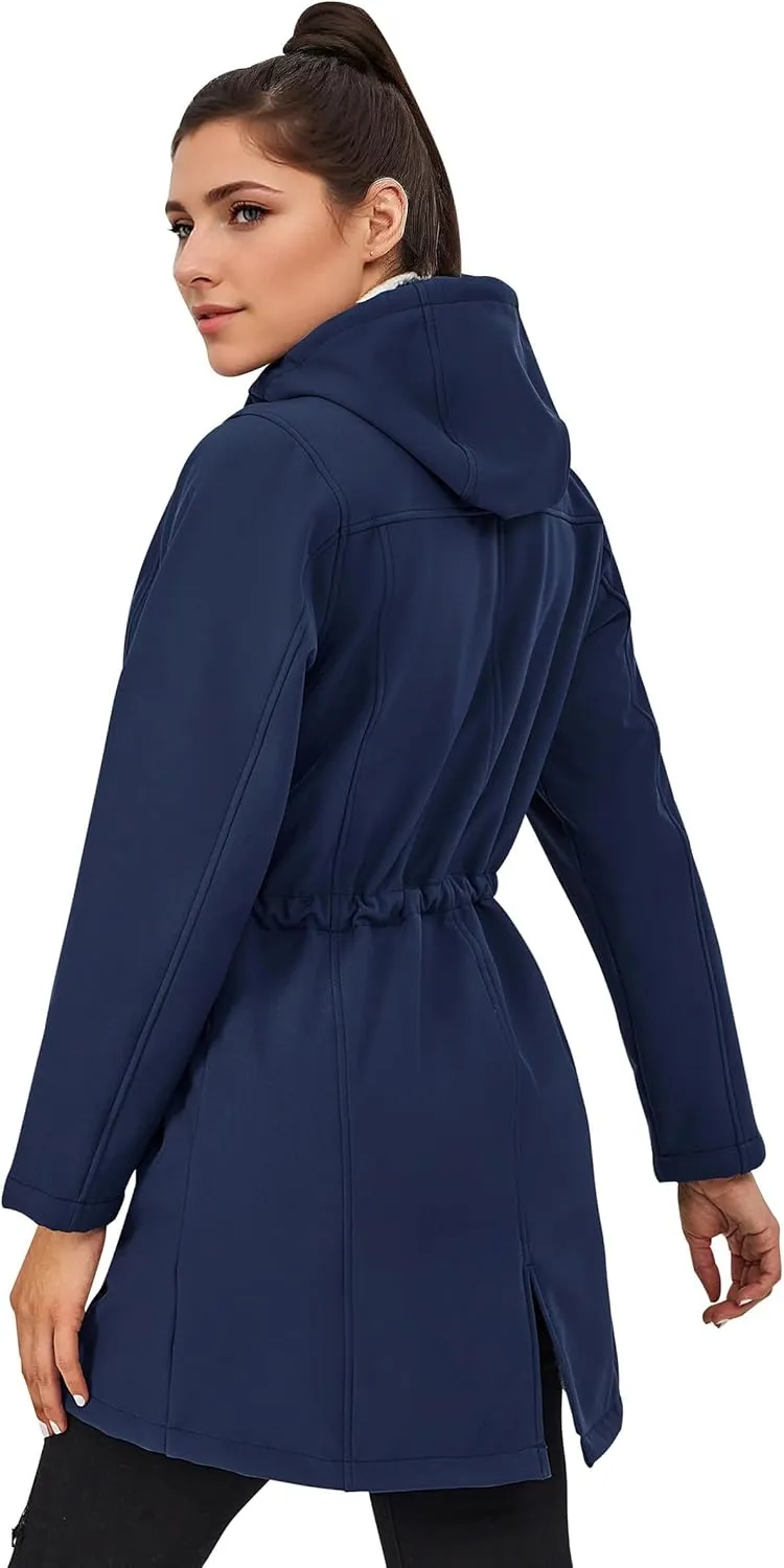 Women's Fleece Jacket Long Soft Shell Insulated Warm Winter Coat Waterproof Windbreaker Hood Parka