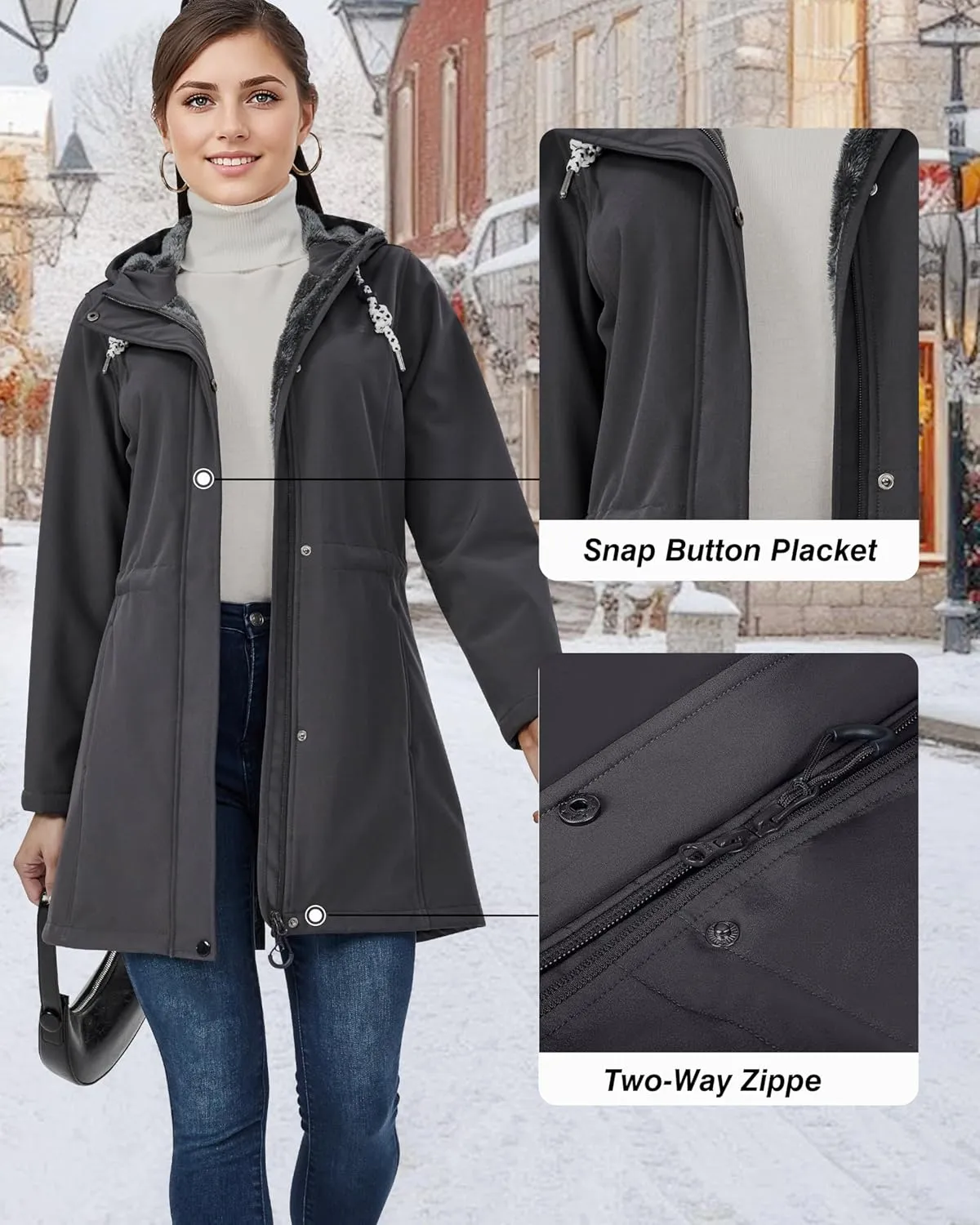 Women's Fleece Jacket Long Soft Shell Insulated Warm Winter Coat Waterproof Windbreaker Hood Parka