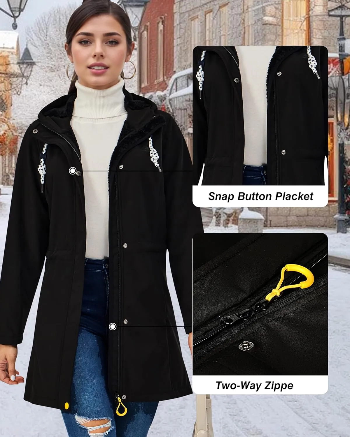 Women's Fleece Jacket Long Soft Shell Insulated Warm Winter Coat Waterproof Windbreaker Hood Parka