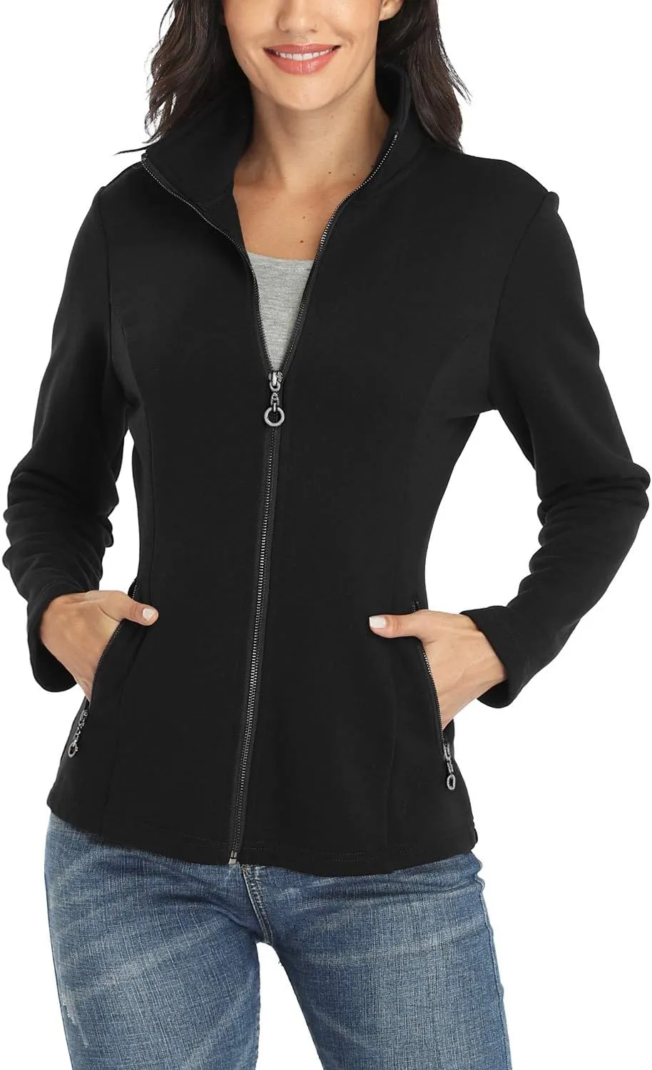 Women's Full-zip Jacket Stand Collar Sweatshirt Hoodless Cotton Slim Fit Running Jackets with Pockets