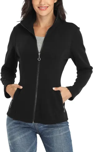 Women's Full-zip Jacket Stand Collar Sweatshirt Hoodless Cotton Slim Fit Running Jackets with Pockets