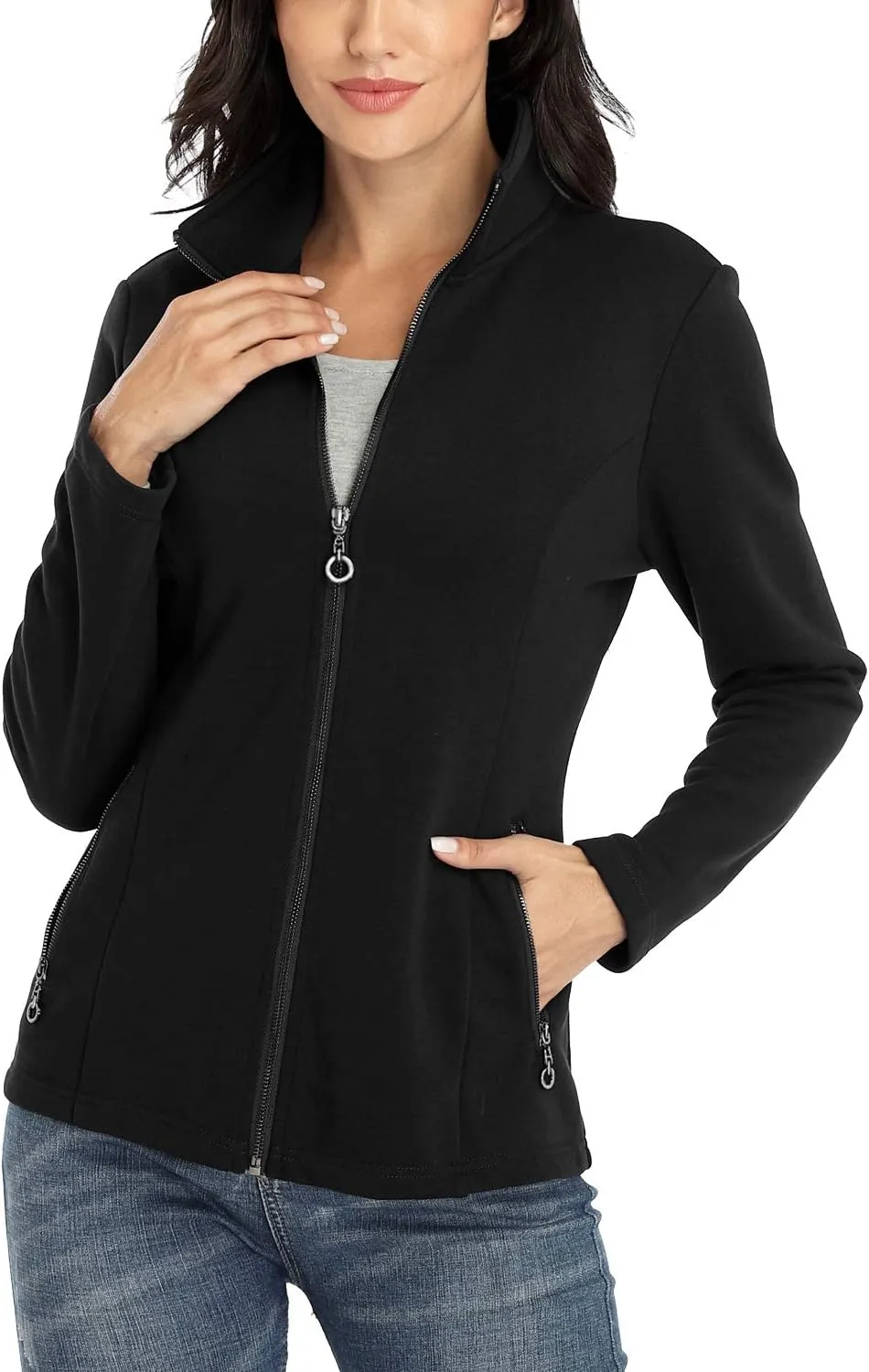 Women's Full-zip Jacket Stand Collar Sweatshirt Hoodless Cotton Slim Fit Running Jackets with Pockets
