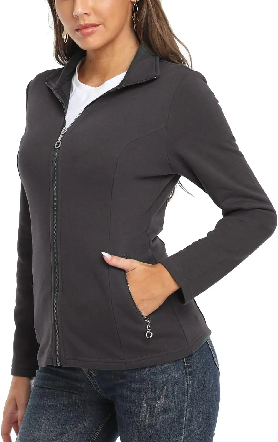 Women's Full-zip Jacket Stand Collar Sweatshirt Hoodless Cotton Slim Fit Running Jackets with Pockets