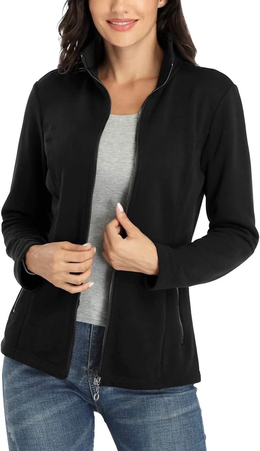 Women's Full-zip Jacket Stand Collar Sweatshirt Hoodless Cotton Slim Fit Running Jackets with Pockets