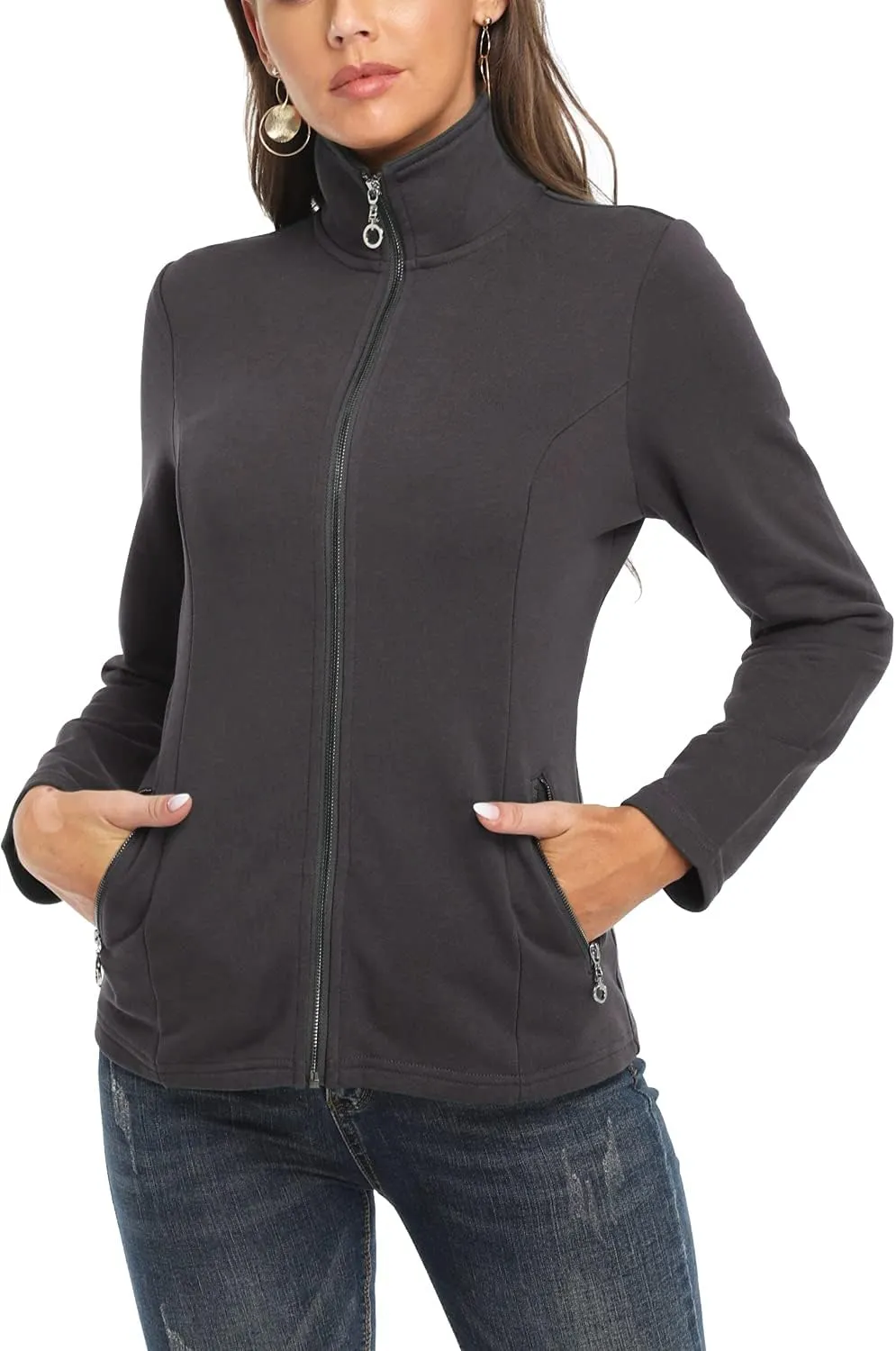 Women's Full-zip Jacket Stand Collar Sweatshirt Hoodless Cotton Slim Fit Running Jackets with Pockets