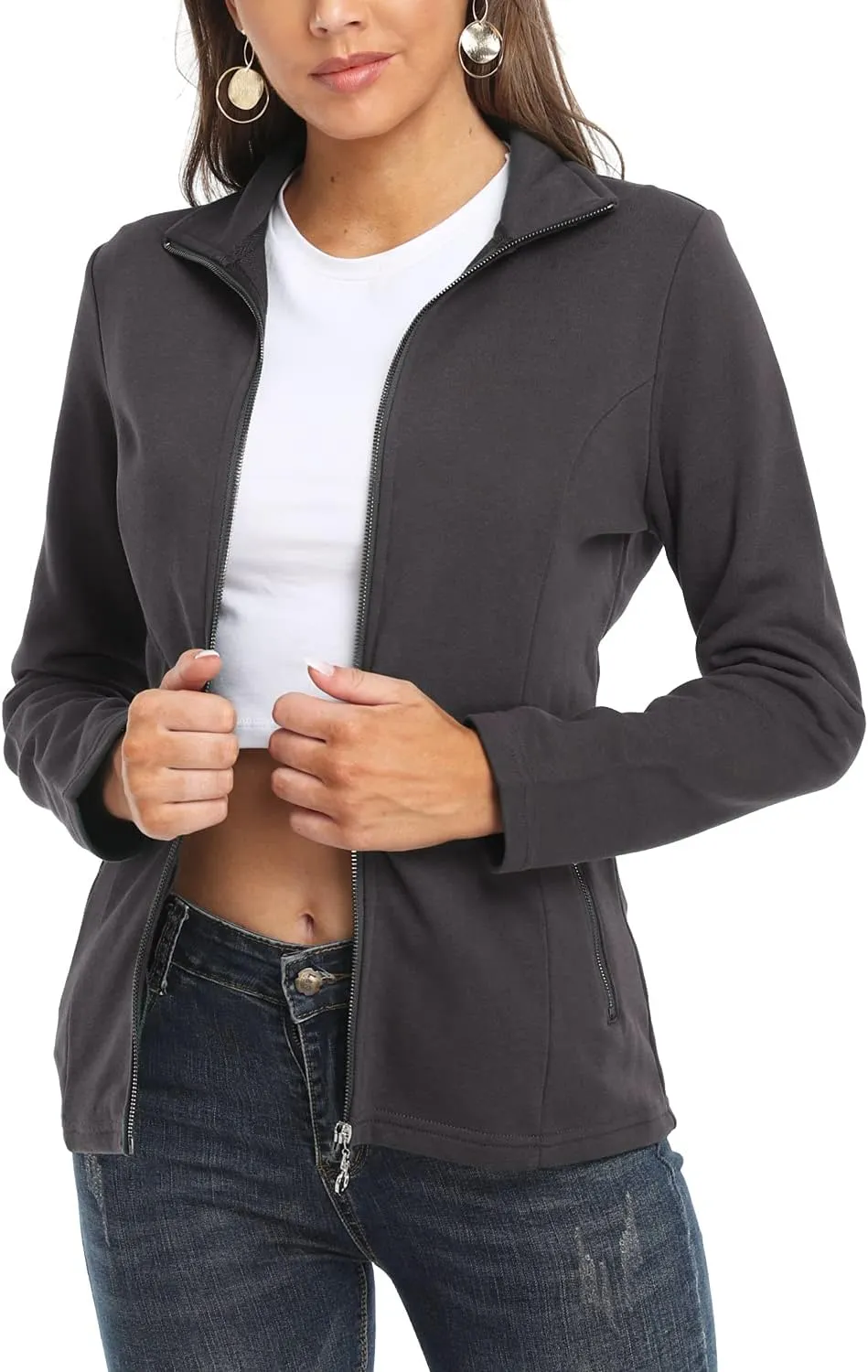 Women's Full-zip Jacket Stand Collar Sweatshirt Hoodless Cotton Slim Fit Running Jackets with Pockets