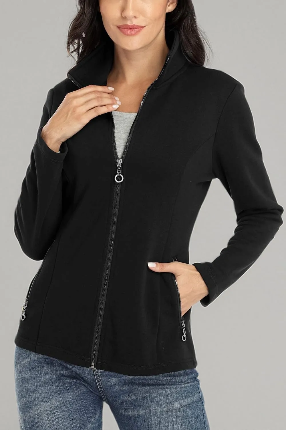 Women's Full-zip Jacket Stand Collar Sweatshirt Hoodless Cotton Slim Fit Running Jackets with Pockets