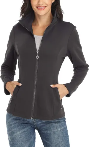 Women's Full-zip Jacket Stand Collar Sweatshirt Hoodless Cotton Slim Fit Running Jackets with Pockets