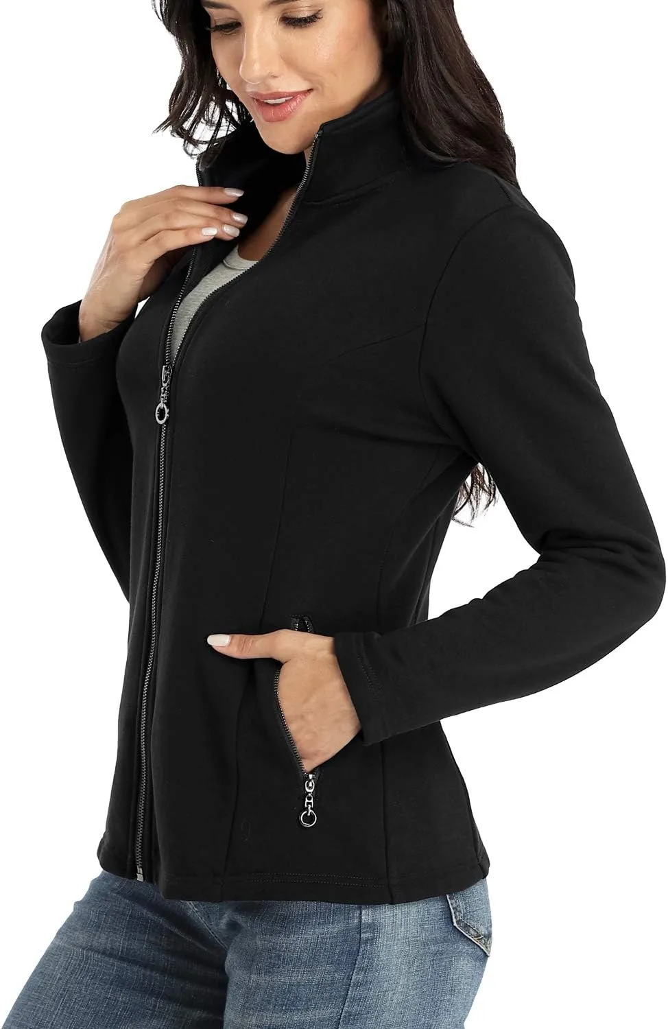 Women's Full-zip Jacket Stand Collar Sweatshirt Hoodless Cotton Slim Fit Running Jackets with Pockets