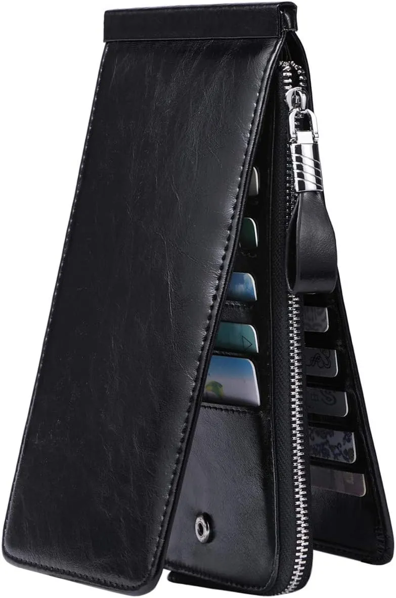 Women's Genuine Leather Credit Card Holder RFID Long Zipper Purse Wallet