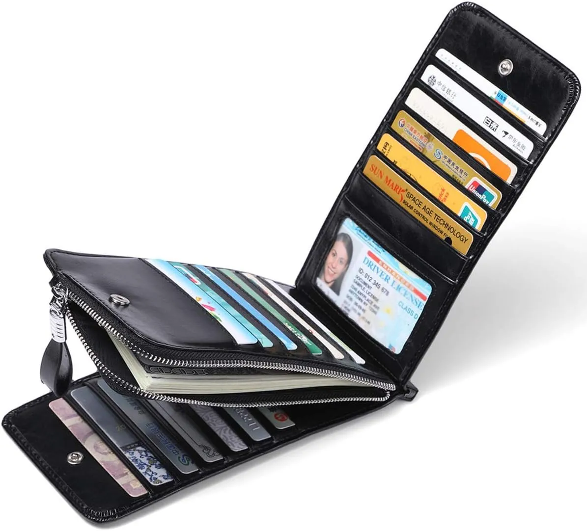 Women's Genuine Leather Credit Card Holder RFID Long Zipper Purse Wallet