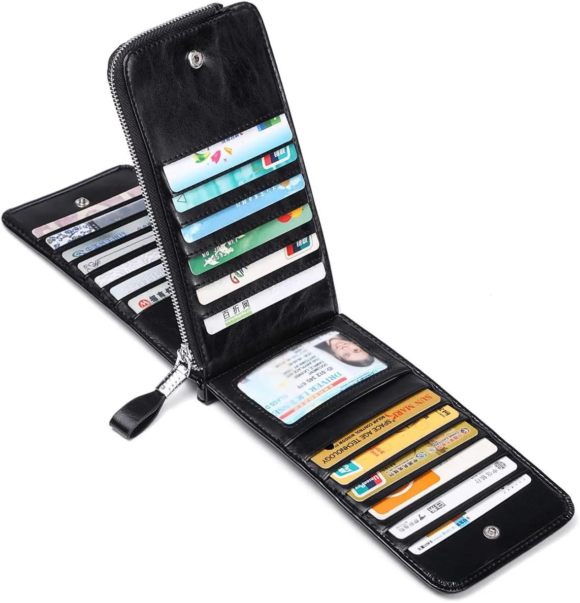 Women's Genuine Leather Credit Card Holder RFID Long Zipper Purse Wallet