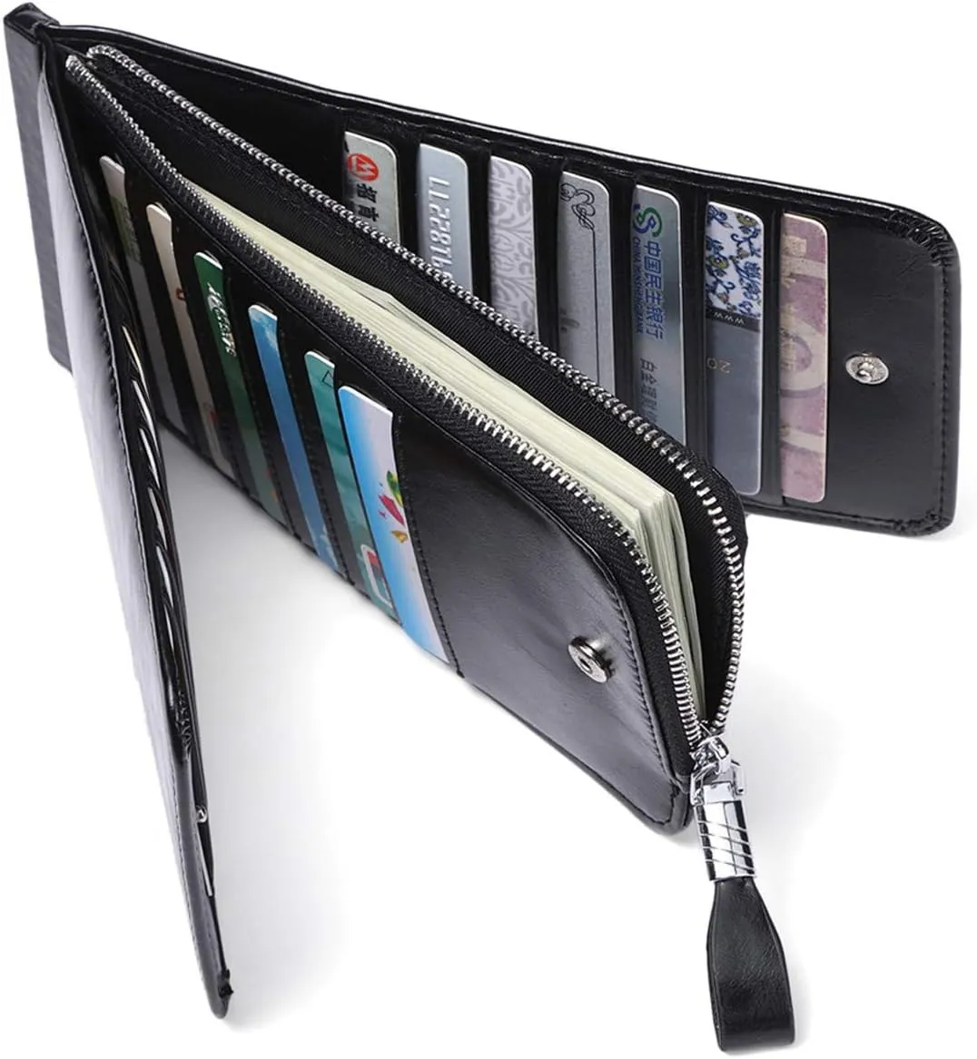 Women's Genuine Leather Credit Card Holder RFID Long Zipper Purse Wallet