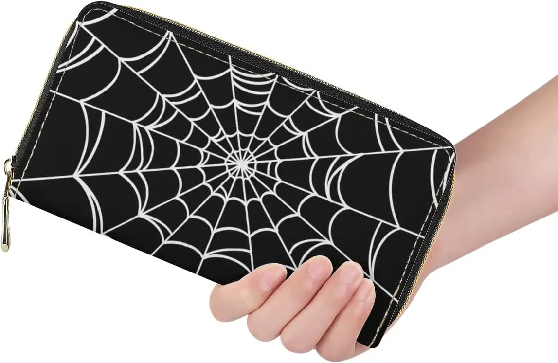 Women's Goth Spider Web Long Wallet, Zippered Coin Purse, PU Leather Clutch Wallet