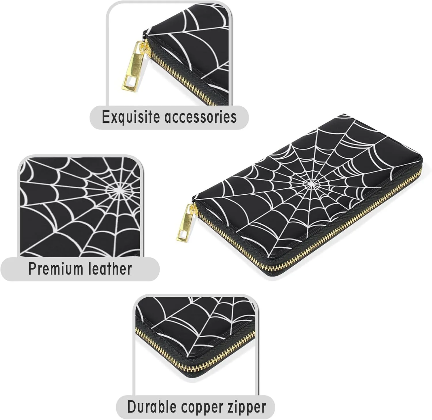 Women's Goth Spider Web Long Wallet, Zippered Coin Purse, PU Leather Clutch Wallet