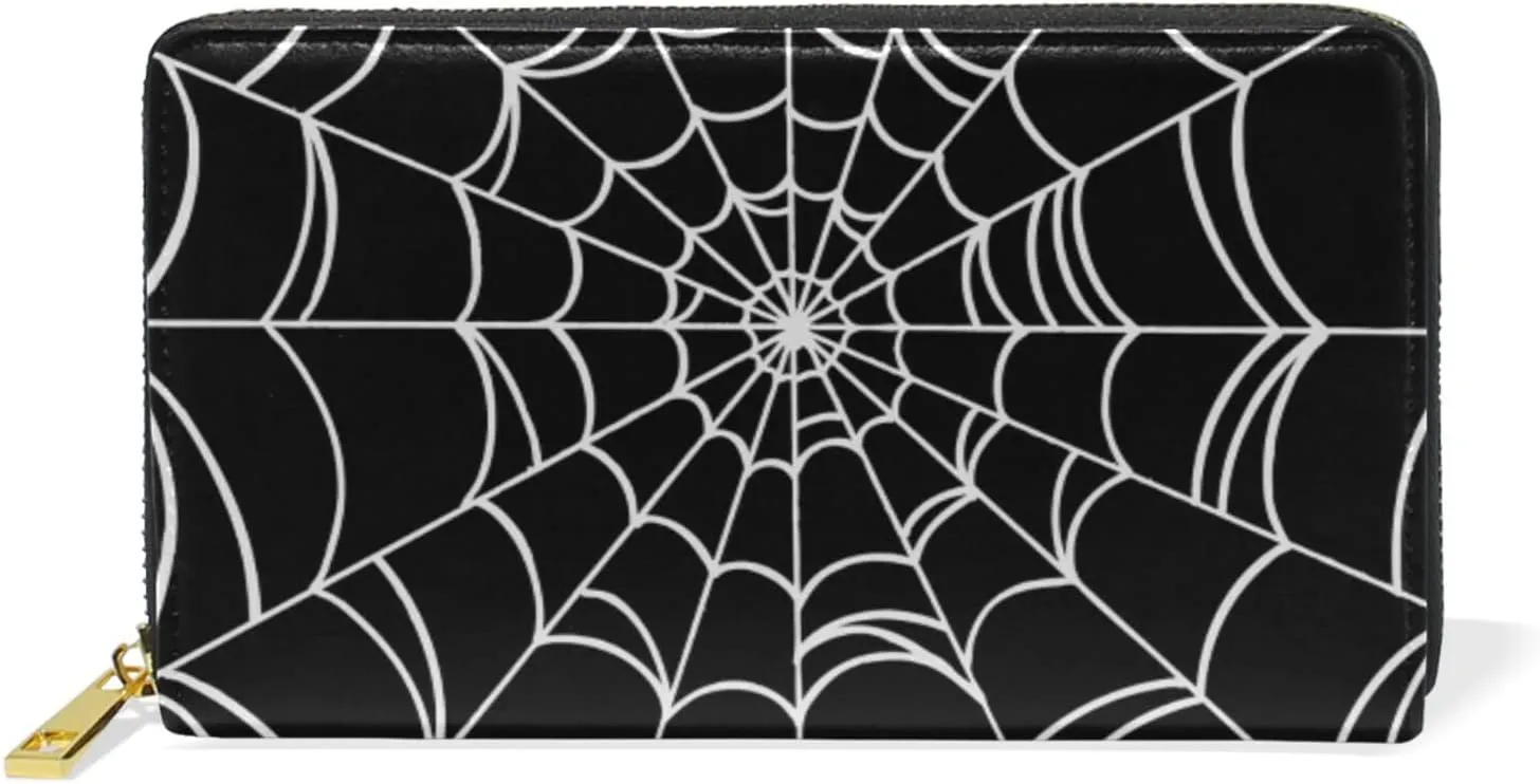 Women's Goth Spider Web Long Wallet, Zippered Coin Purse, PU Leather Clutch Wallet