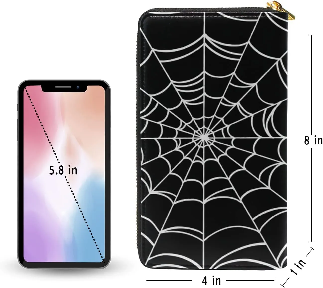 Women's Goth Spider Web Long Wallet, Zippered Coin Purse, PU Leather Clutch Wallet