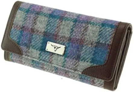 Women's Harris Tweed Long Purse - Scottish Tartan Wool Wallet with Multiple Card Slots & Zipper Pocket - Stylish Gift for Women - Blue Check