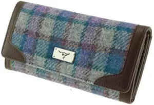 Women's Harris Tweed Long Purse - Scottish Tartan Wool Wallet with Multiple Card Slots & Zipper Pocket - Stylish Gift for Women - Blue Check