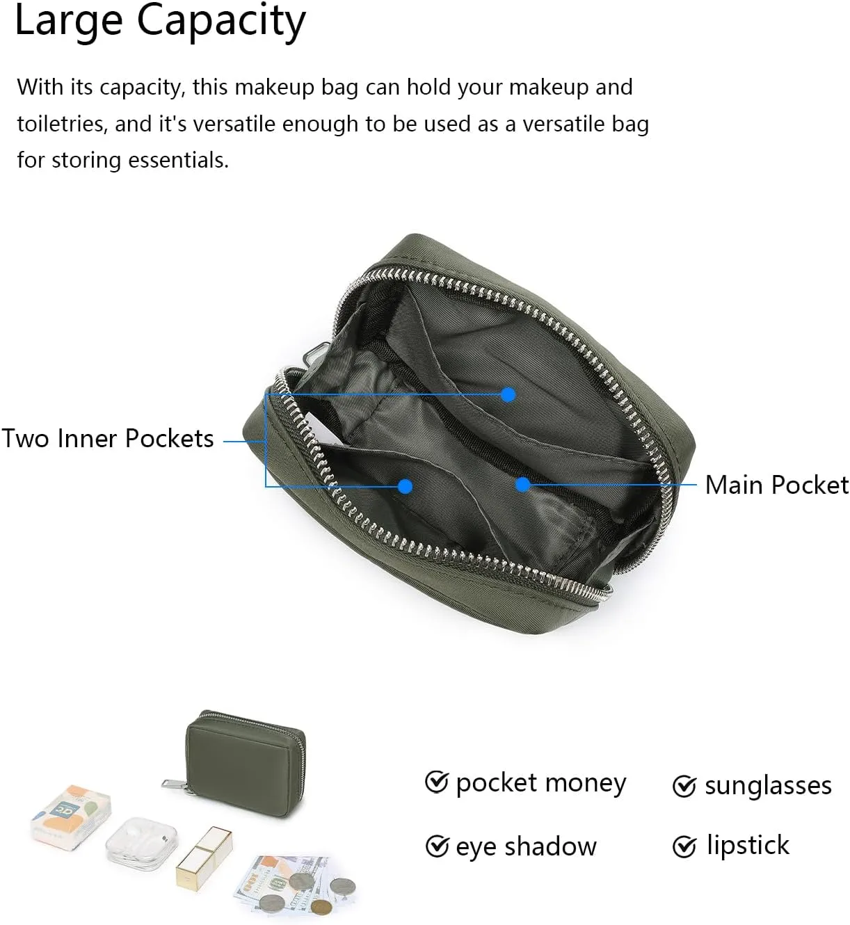 Womens Makeup Bag Wristband Bag Nylon Pouch Lightweight Ideal For Travel And Everyday Use (Nylon/Army Green)