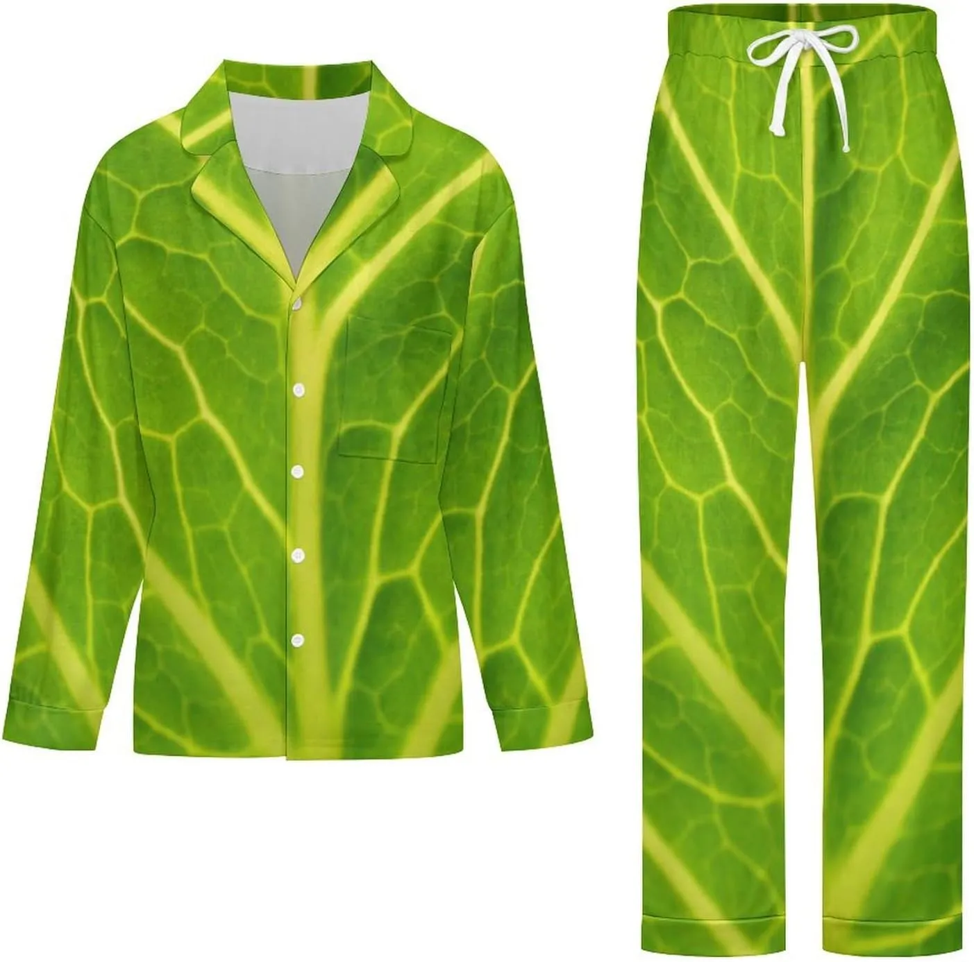Womens Pajama Sets Soft Long Sleeve Green Cabbage Leaf Button Down Loungewear with Pocket