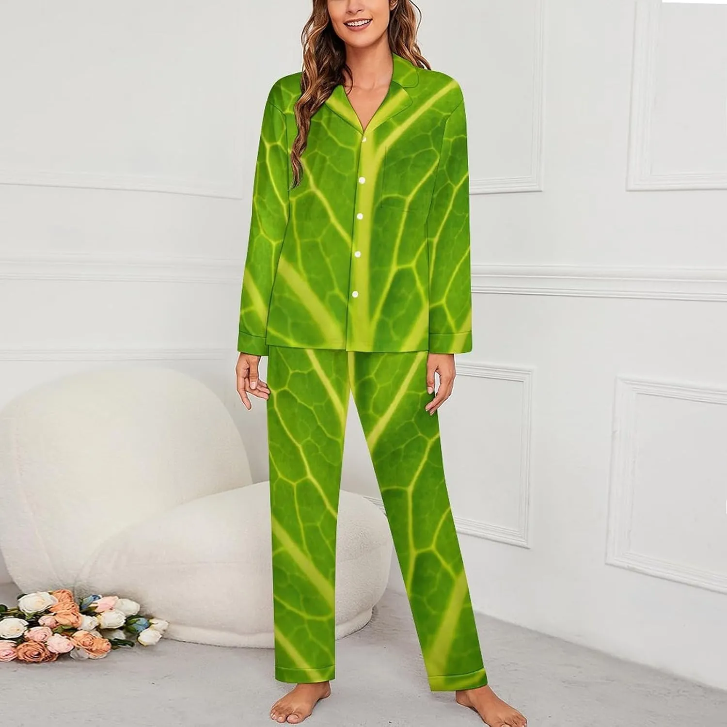 Womens Pajama Sets Soft Long Sleeve Green Cabbage Leaf Button Down Loungewear with Pocket
