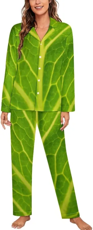 Womens Pajama Sets Soft Long Sleeve Green Cabbage Leaf Button Down Loungewear with Pocket