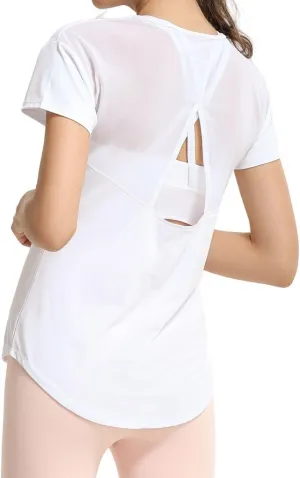 Women’s Short Sleeve Mesh Athletic Tops Open Back Workout Running Tank Tops