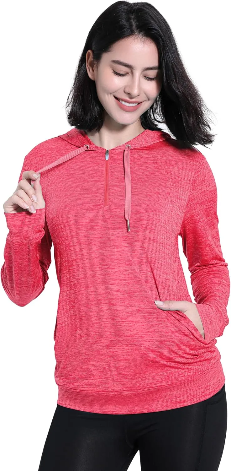 Womens UPF 50  1/4 Zip Pullover Hoodie Lightweight UV Shirt Long Sleeve Outdoor Athletic Tops with Pocket