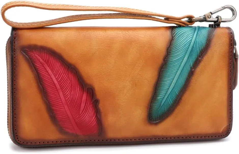 Women's Wallet Genuine Leather Zip Around Wristlet Long Purse Vintage Embossing Cowhide Capacity Handmade Clutch(Brown)