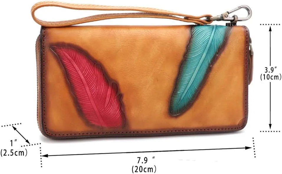 Women's Wallet Genuine Leather Zip Around Wristlet Long Purse Vintage Embossing Cowhide Capacity Handmade Clutch(Brown)
