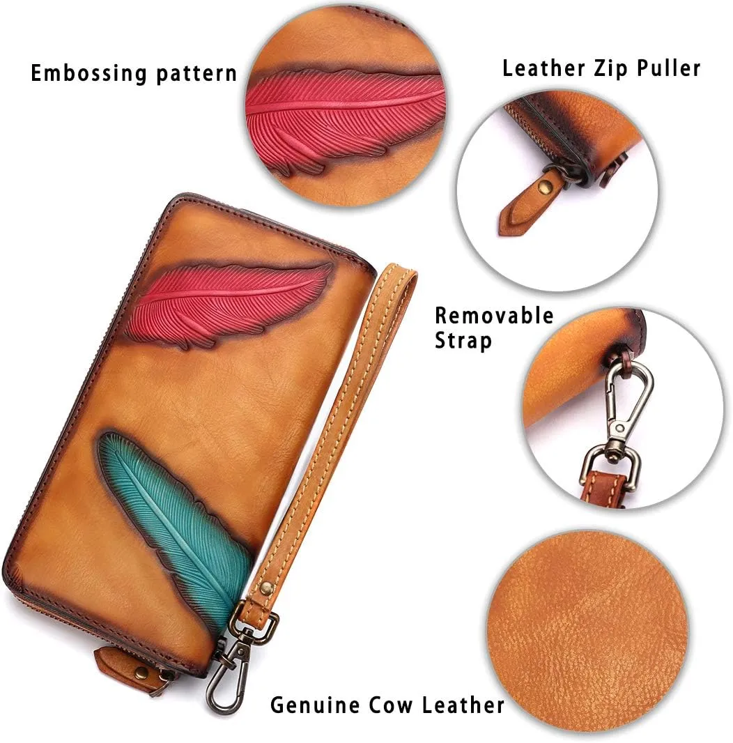 Women's Wallet Genuine Leather Zip Around Wristlet Long Purse Vintage Embossing Cowhide Capacity Handmade Clutch(Brown)