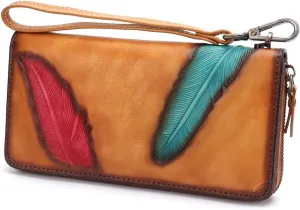 Women's Wallet Genuine Leather Zip Around Wristlet Long Purse Vintage Embossing Cowhide Capacity Handmade Clutch(Brown)
