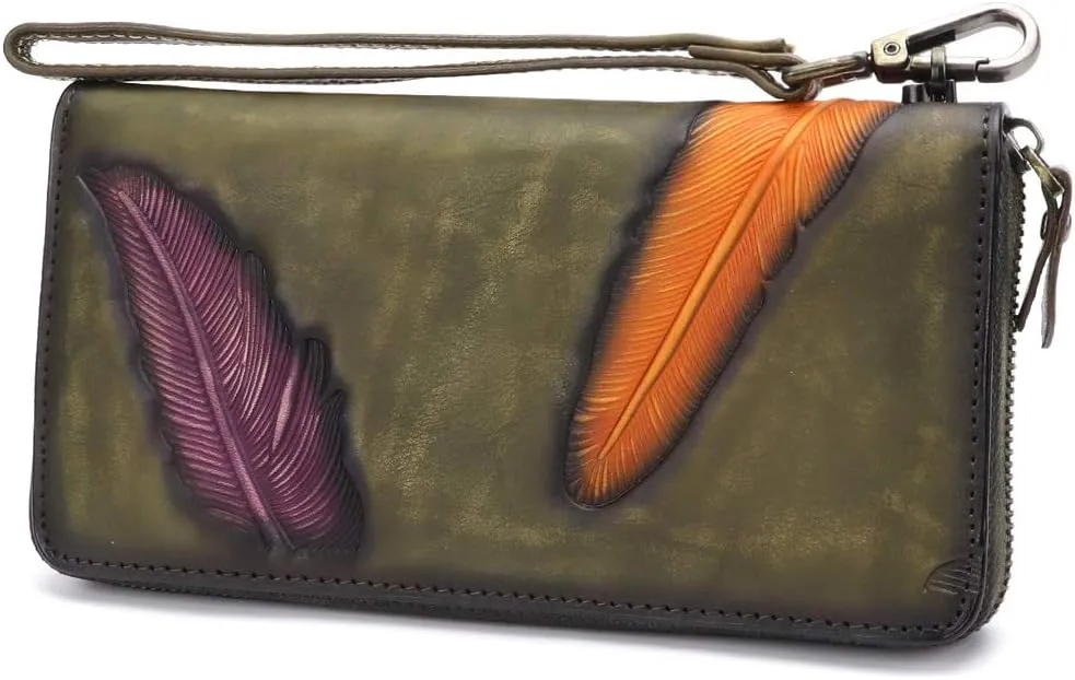 Women's Wallet Genuine Leather Zip Around Wristlet Long Purse Vintage Embossing Cowhide Capacity Handmade Clutch(Green)