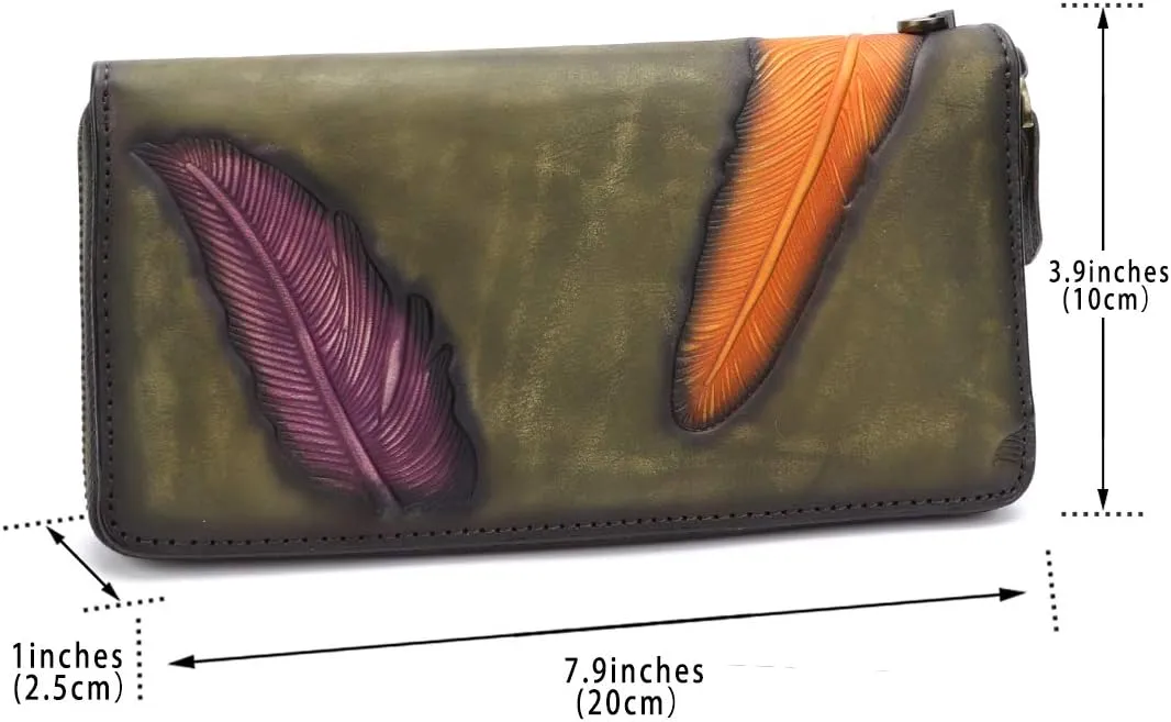 Women's Wallet Genuine Leather Zip Around Wristlet Long Purse Vintage Embossing Cowhide Capacity Handmade Clutch(Green)