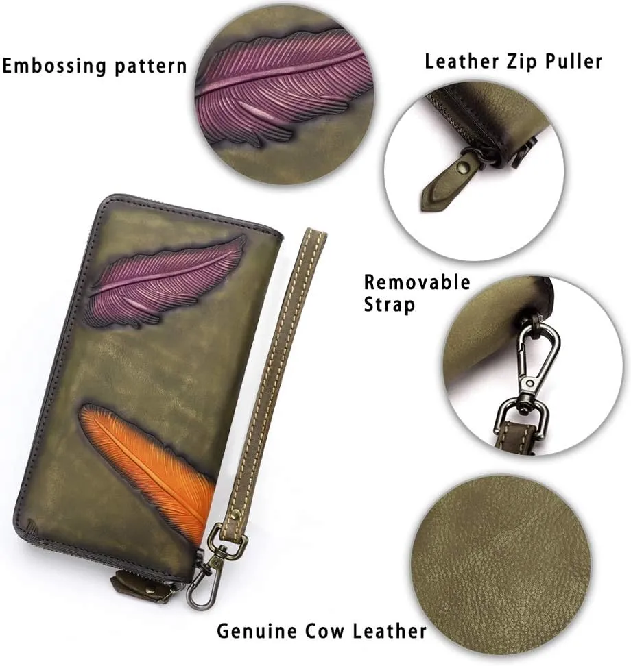 Women's Wallet Genuine Leather Zip Around Wristlet Long Purse Vintage Embossing Cowhide Capacity Handmade Clutch(Green)