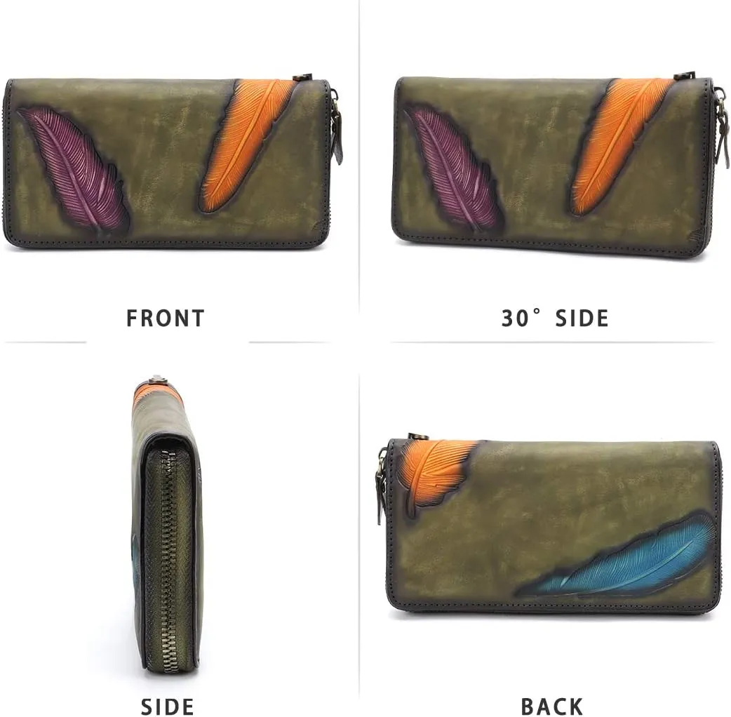 Women's Wallet Genuine Leather Zip Around Wristlet Long Purse Vintage Embossing Cowhide Capacity Handmade Clutch(Green)